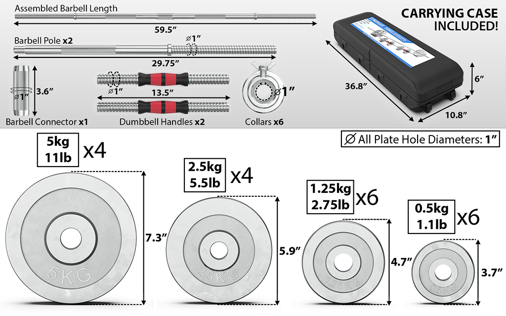 Synergee 50KG Adjustable Dumbbell & Barbell Set DImensions