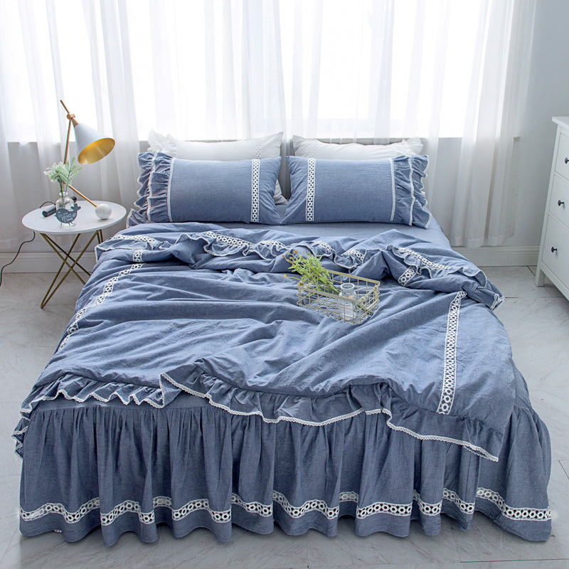 Blue Beige Romantic Ruffle Elastic Bed Skirt Fit W1066 Duvet Cover
