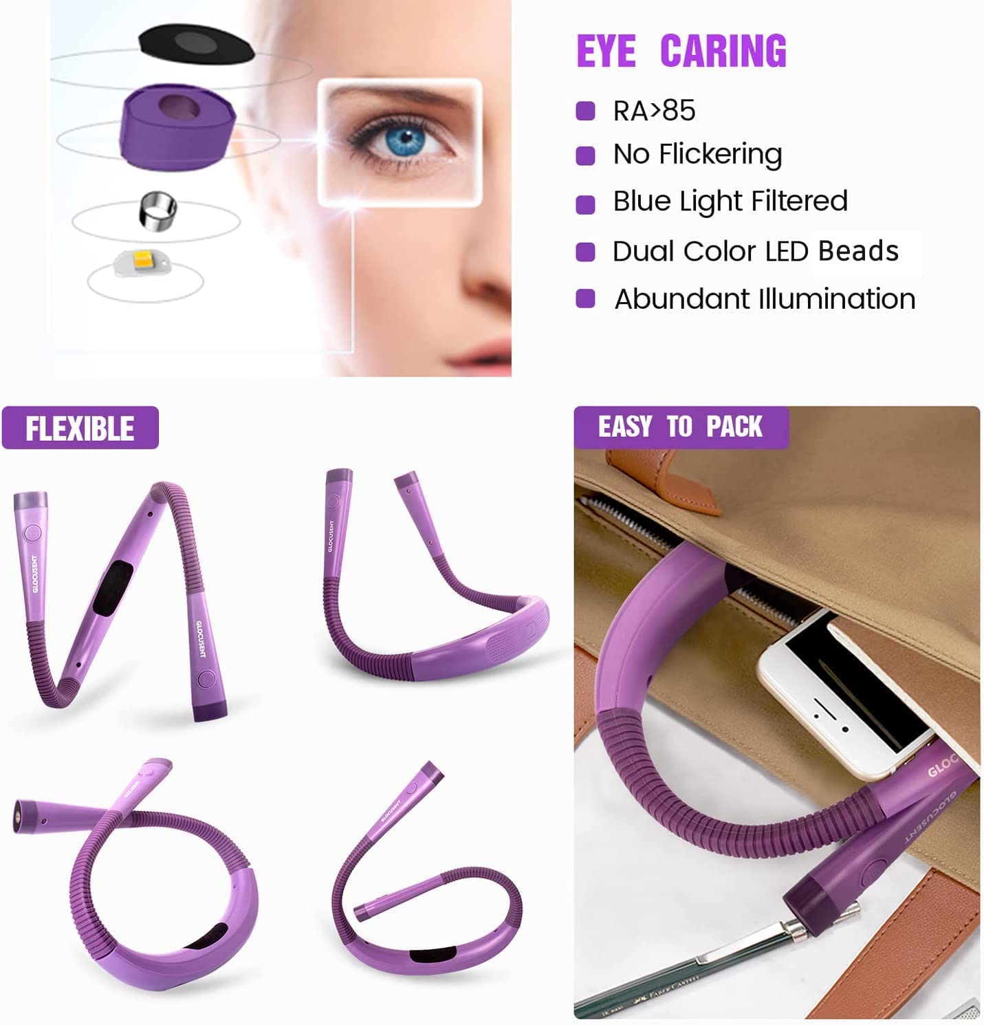 Glocusent LED Neck Reading Light-Purple | Orenco Originals LLC
