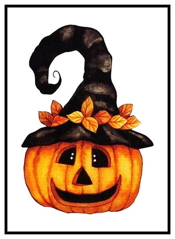 Folk Art Pumpkin in Witch Hat Halloween Counted Cross Stitch Pattern D ...