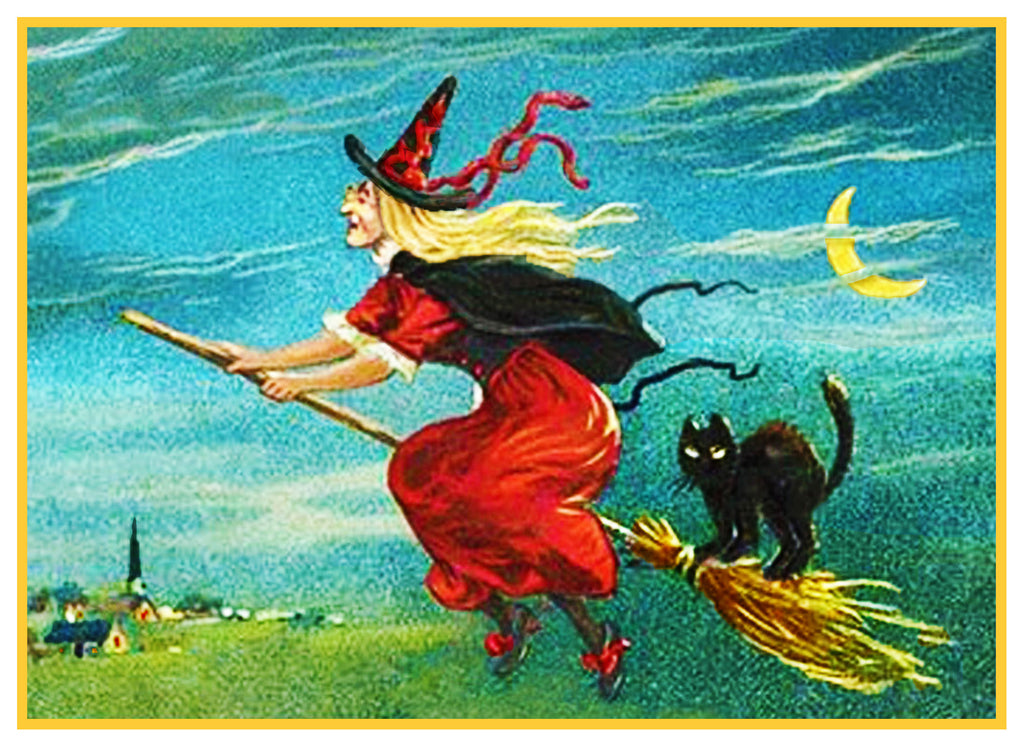 Victorian Halloween Flying Witch, Broom, Black Cat and Moon Counted Cr ...