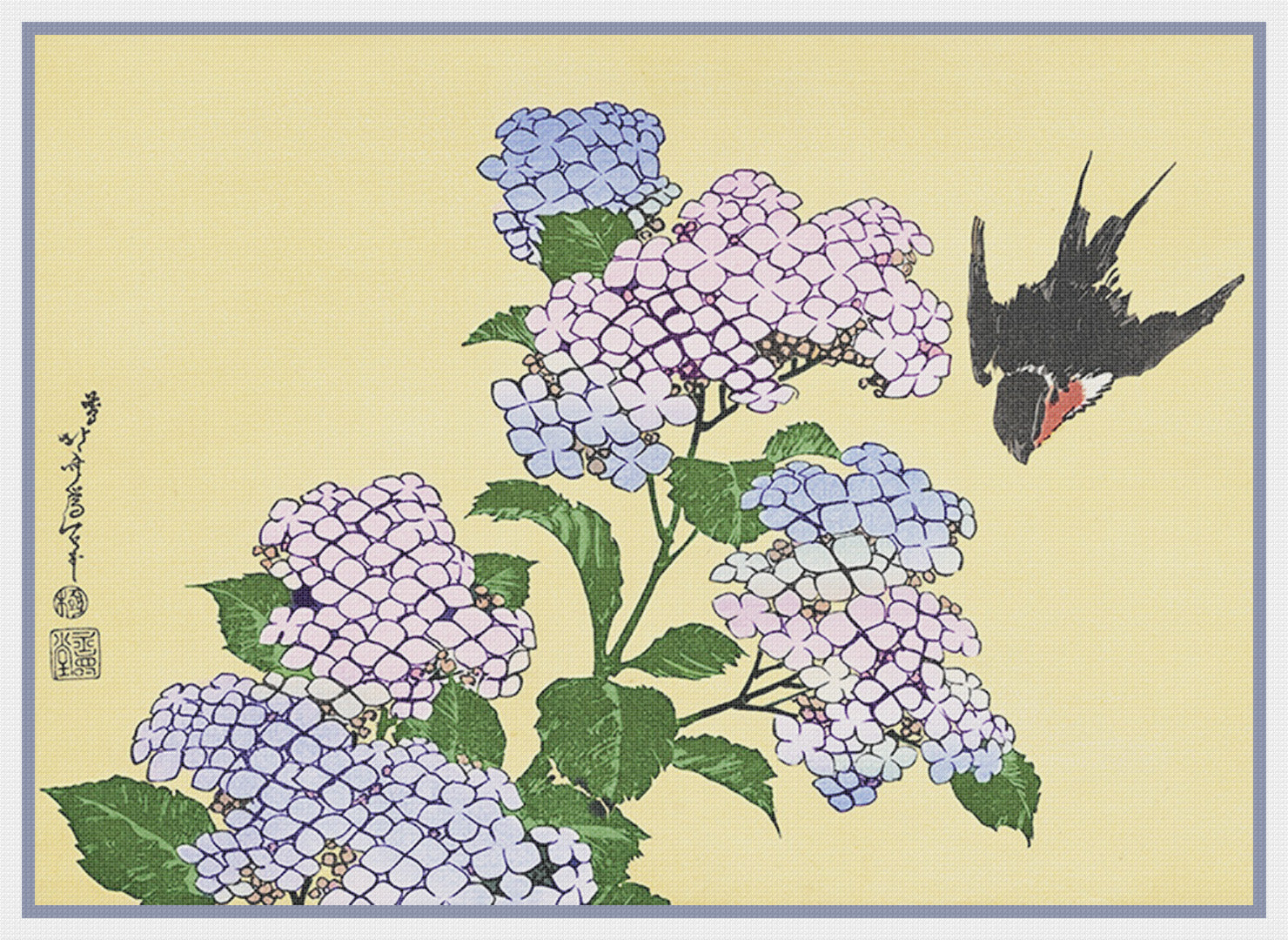 Asian Japanese Hydrangea And Swallow Hokusai Counted Cross Stitch Char Orenco Originals Llc