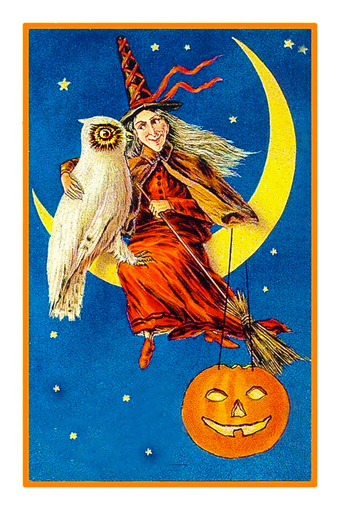 Witch On Crescent Moon With An Owl Halloween Counted Cross Stitch Patt Orenco Originals Llc