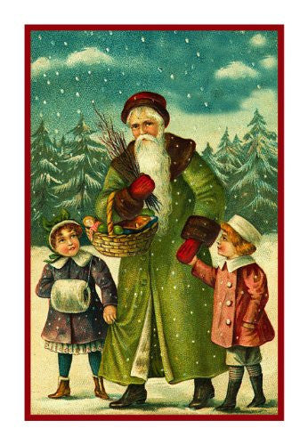 Victorian Father Christmas Santa With Small Children in the Snow Count ...