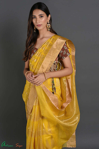 Buy Yellow Organza Botanical Woven Design Chanderi Saree Online — Karmaplace