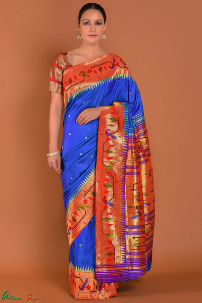 Gopi Chintamani Blue: Paithani Soft Silk Kadiyal Muniya Pallu SareePai –  Varkala Silk Saree