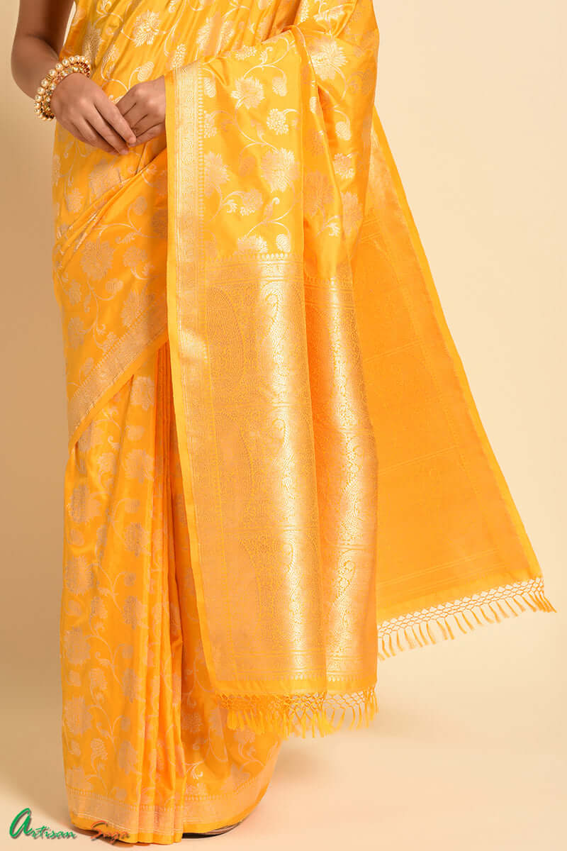 Sunshine yellow banaras brocade saree by Magizham