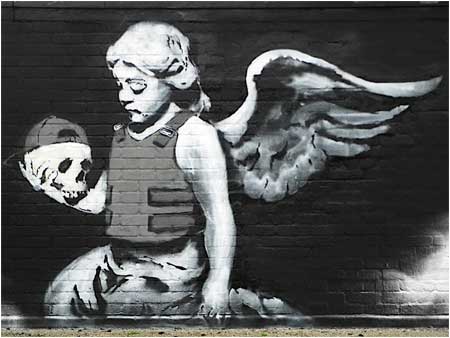 Banksy Angel in Bulletproof Vest (Fallen Angel) Graffiti - London, UK