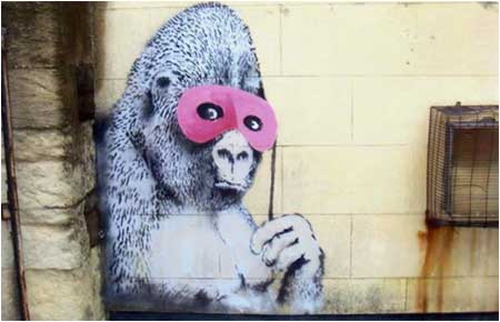 Banksy Gorilla With Pink Mask Graffiti - Bristol, UK