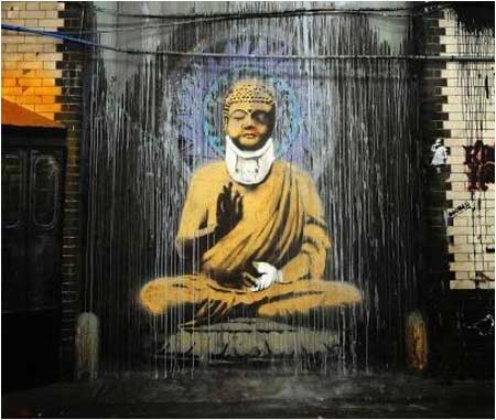 Banksy Injured Buddha Graffiti - Leake Street, London (Cans Festival)