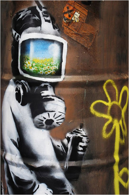 Banksy Sunflower Field Gas Mask Graffiti - London