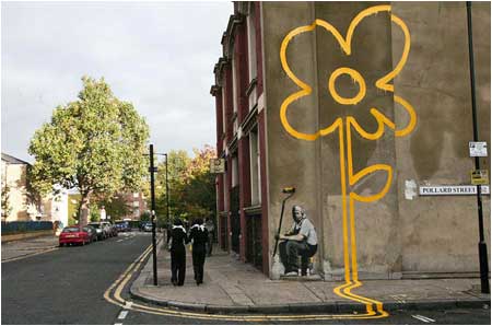 Banksy Yellow Lines Flower Painter Graffiti - London