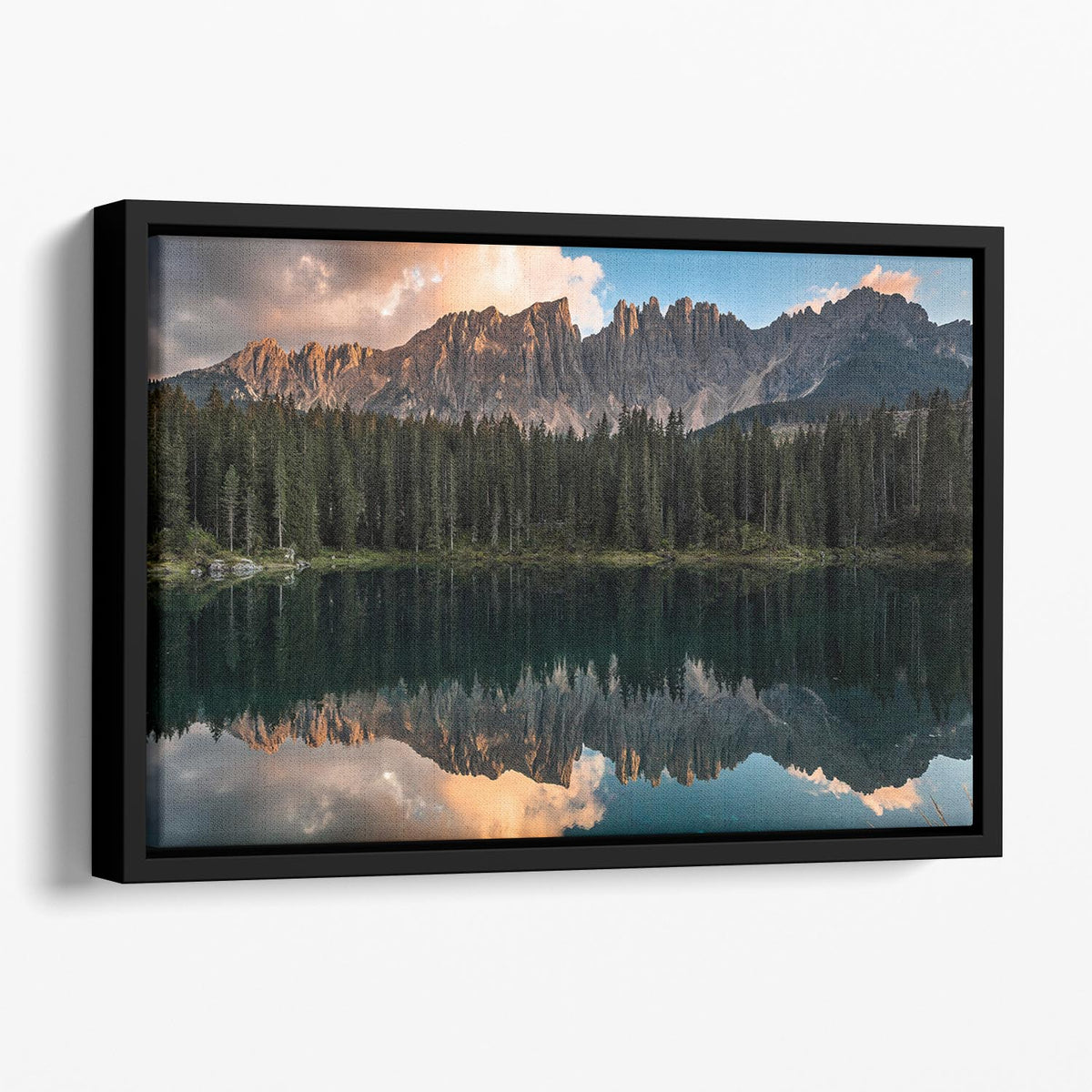 Sunset At Lake Carezza Floating Framed Canvas | Canvas Art Rocks