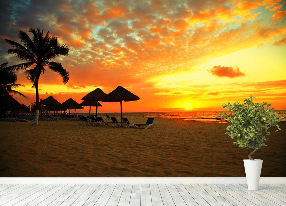 Sunset Scene At Tropical Beach Wall Mural Wallpaper | Canvas Art Rocks