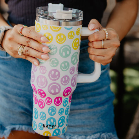 Happy Smiley Faces - Yellow Acrylic Tumbler with Straw