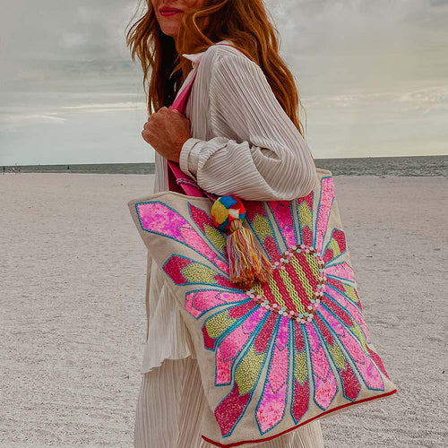 Hearts Embroidered Straw Beach Bag