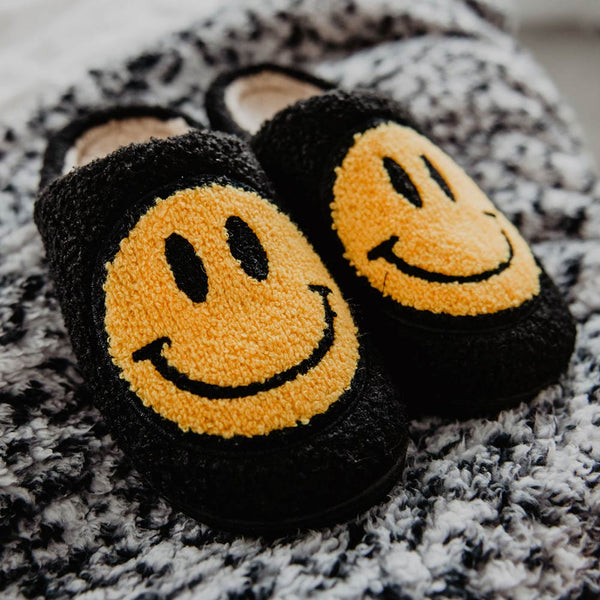 Black Fuzzy Slippers with Happy Faces | Shop Katydid