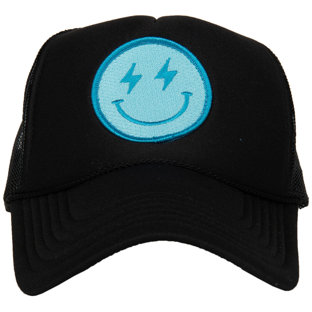 Turquoise Lightning Happy Face Foam Trucker Hat (All Black)