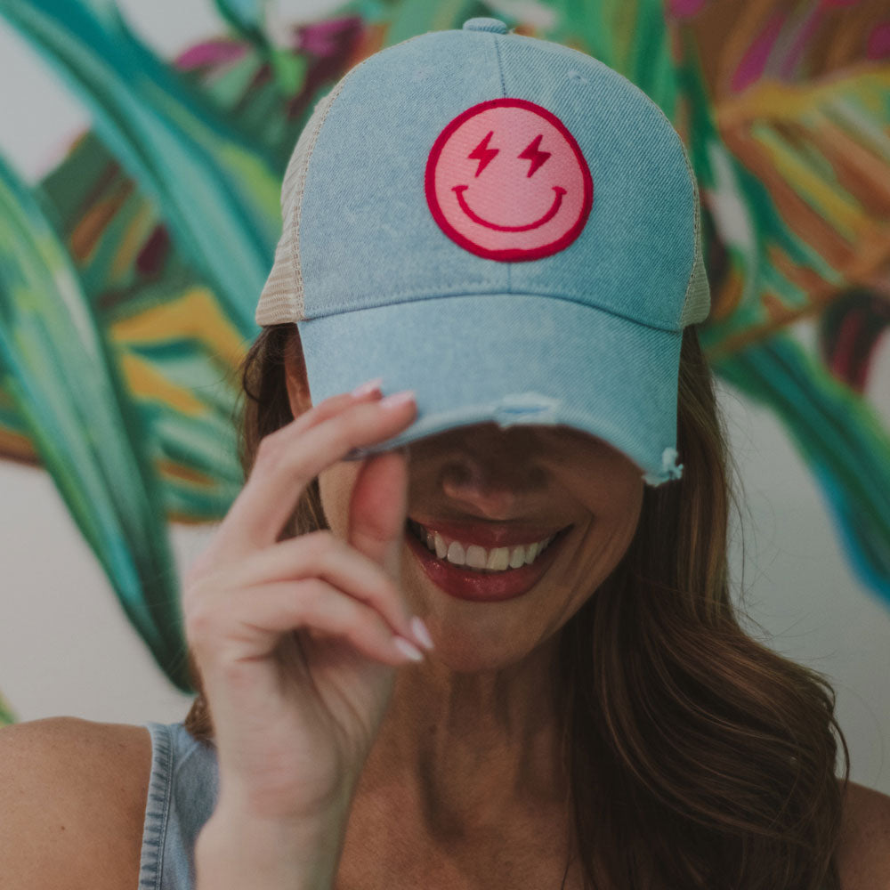 Hot Pink Lightning Happy Face Denim Trucker Hat