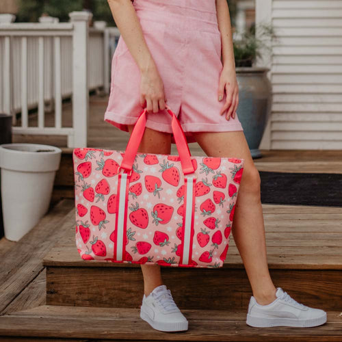 Red and Pink Flower Print Tote Bag Week-end Bag Beach Bag 