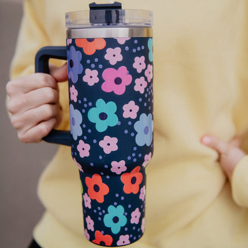 KATYDID MULTICOLORED HEARTS 40 OUNCE TUMBLER WITH HANDLE AND STRAW