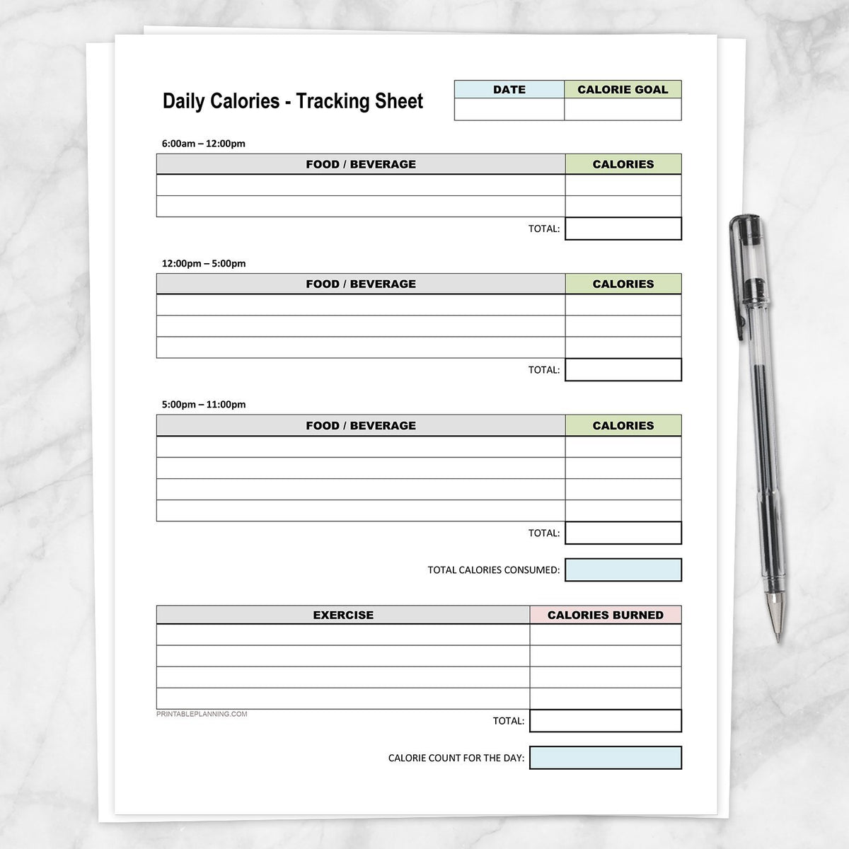 template for a a daily calorie tracker