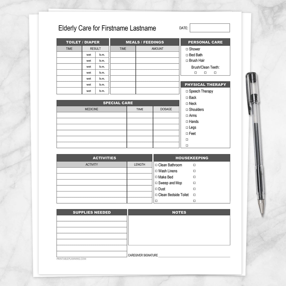 Elderly Care, Daily Care Sheet with Housekeeping Printable at