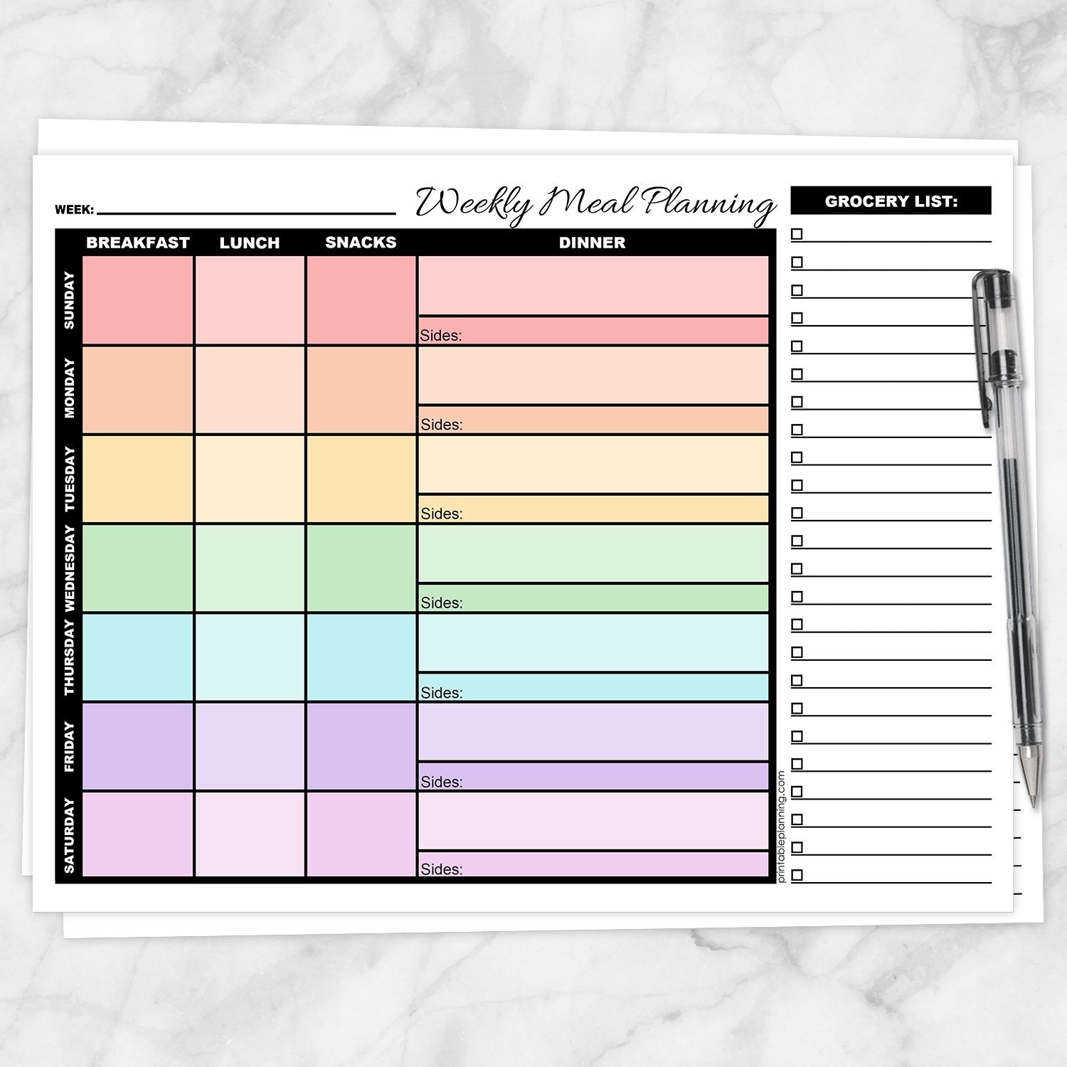 rainbow weekly meal planning page with grocery list