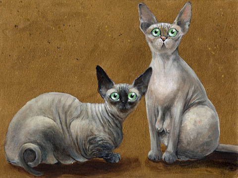 Fluffy and Coco sphynx cat painting by Kim Haskins