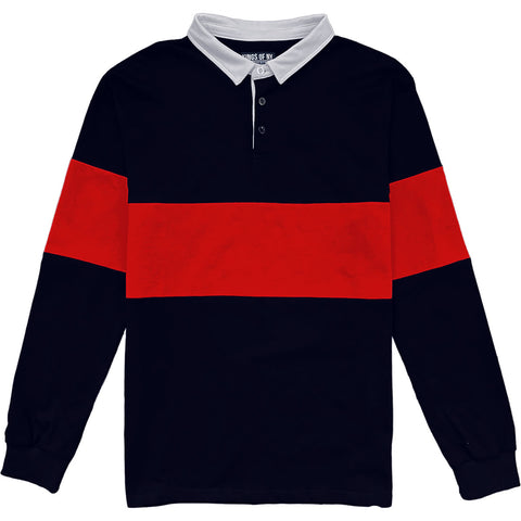 navy blue and red striped men's rugby shirt