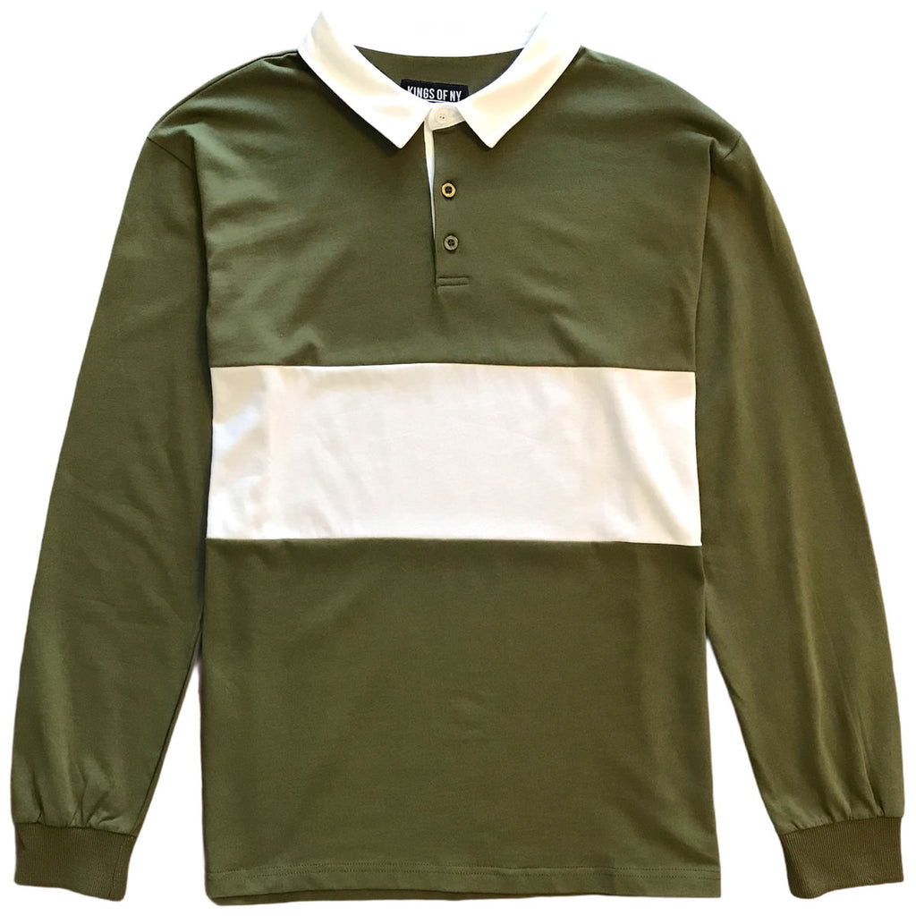 Mens Army Green and White Striped Long Sleeve Polo Rugby Shirt – KINGS ...