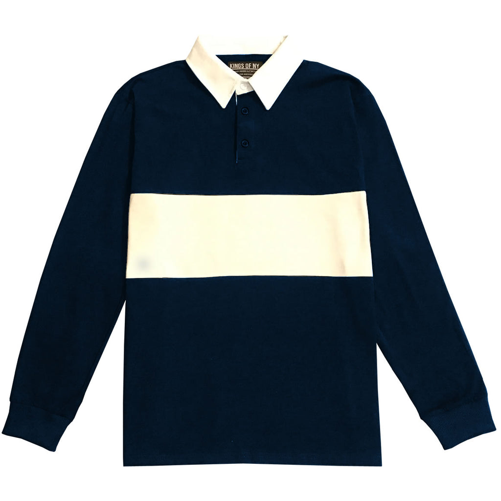 Mens Navy Blue and White Striped Long Sleeve Polo Rugby Shirt – KINGS OF NY