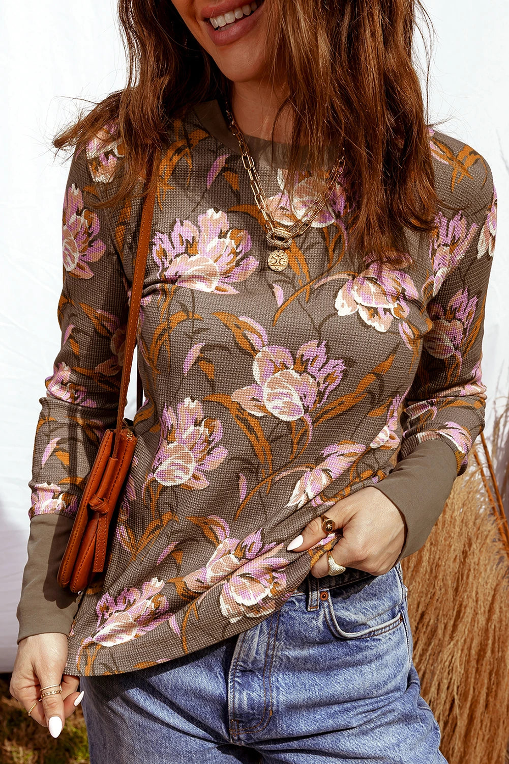 Waffle Floral Long Sleeve Top