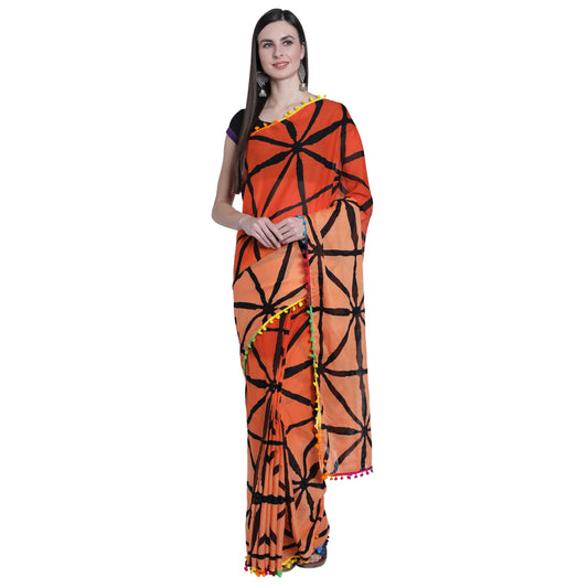 Orange Bliss Cotton Saree with Pom-Pom Border - TCS042 – Fashionous