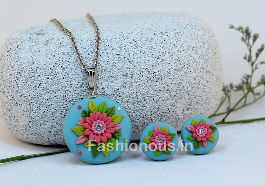 Blue Pink Rhinestone Floral Polymer Clay Studs – Fashionous