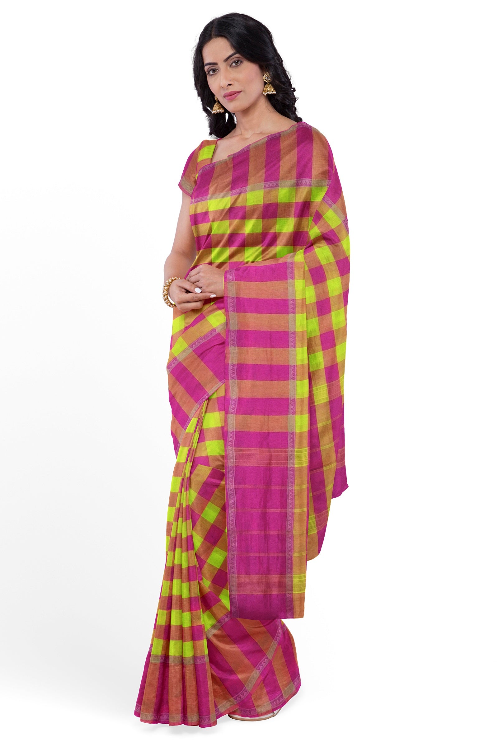 Pink Checked Handloom Chettinad Cotton Saree | Avishya.com