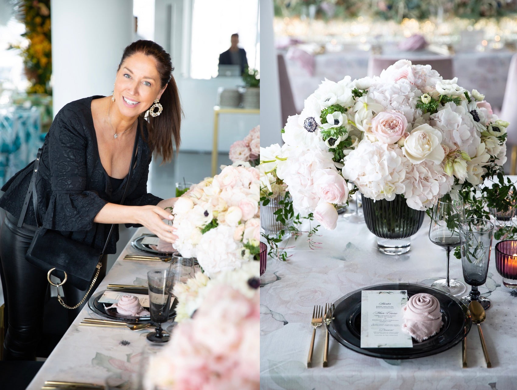 Meredith Waga Perez arranging hydrangea flowers on a table