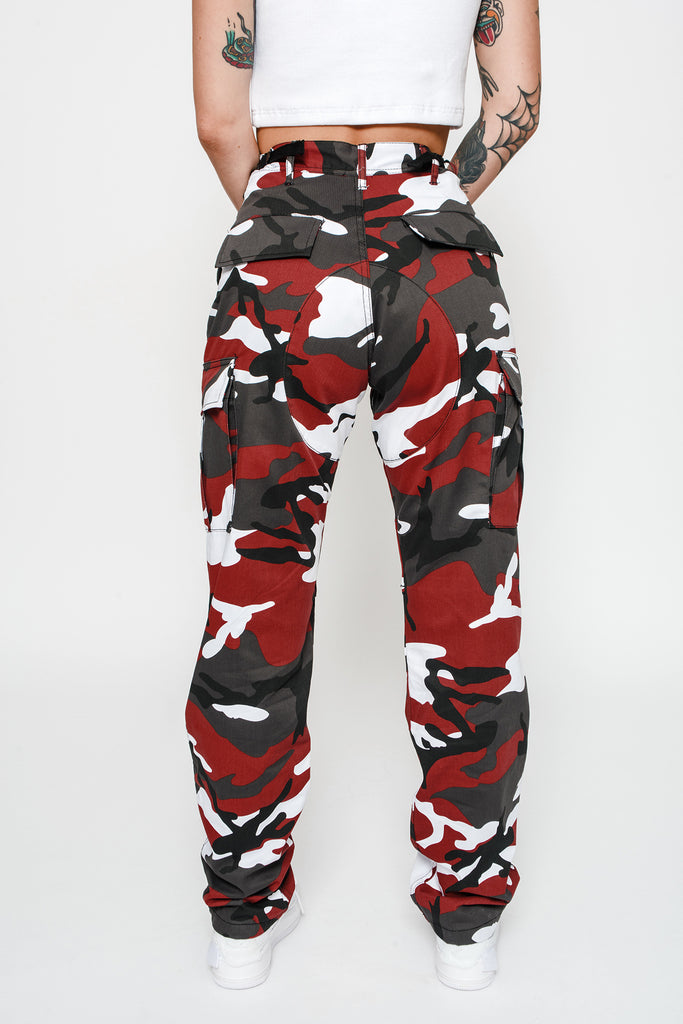 red and black cargo pants