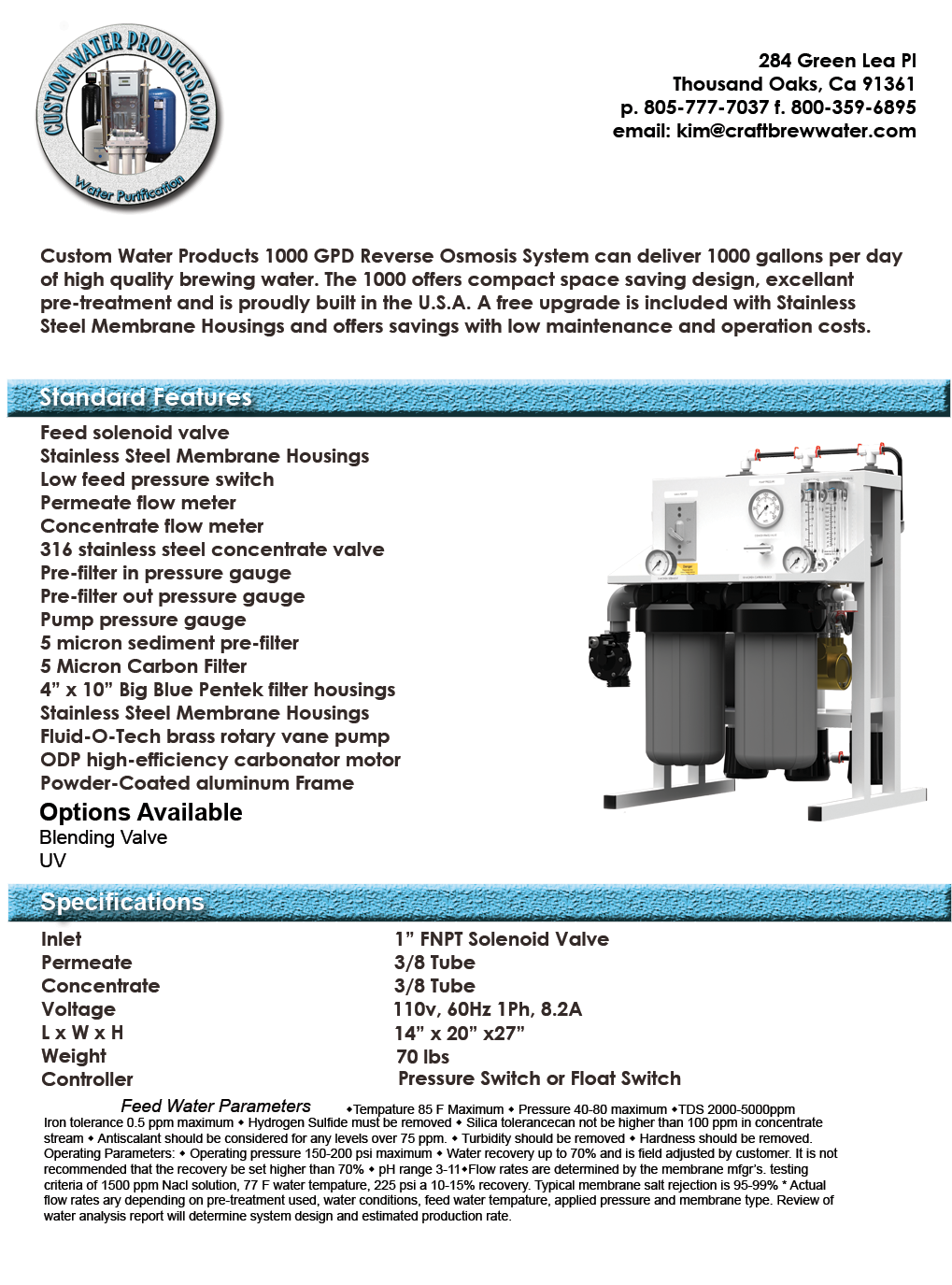 Brewing Water 1000 GPD Reverse Osmosis Specifications