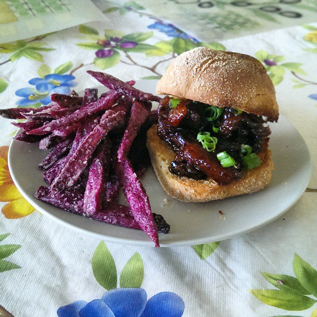 Merienda’s pork tocino slider with ube yam fries!