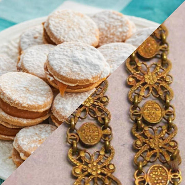 On the left, a batch of alfajores, flat pastry sandwiches now popular across Spain and Latin America; on the right, an alfajor necklace showing flat golden beads that resemble the dessert. (Photos from iStockPhoto.com and Faith and FIligree: 19th Century Hispano-Filipino Gold Jewellery)