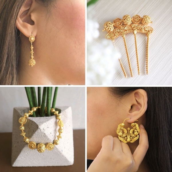 Contemporary Gold Filigree Jewelry by AMAMI: (clockwise) 1, AMAMI Tambourine Earrings; 2, Peineta Vintage Hair Piece; 3, Oversized Felicia Creolla Earrings; 4, AMAMI Tambourine Bracelet.