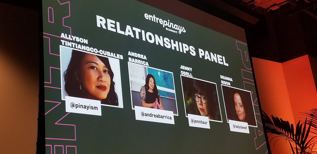 Bespoke SF screen showcasing the speakers at the Pinayista Summit for Filipina entrepreneurs Relationship panel with Allyson Tintiangco-Cubales, Andrea Barrica of O.School, Jenny Odell, and Denna Sison.