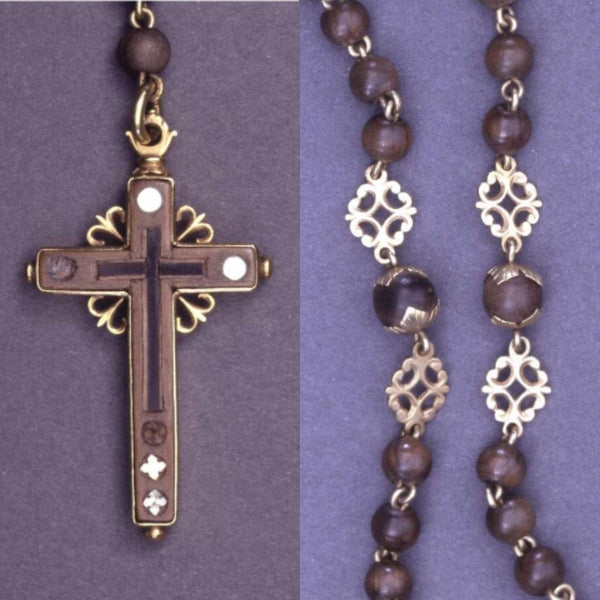A Spanish rosary made of wood, gold filigree, and mother of pearl. Circa 17th century. (Photo from British Museum)