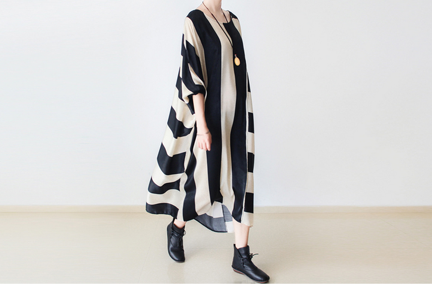 women caftan, silk and cotton gown,beige and black stripe maxi dress,b ...