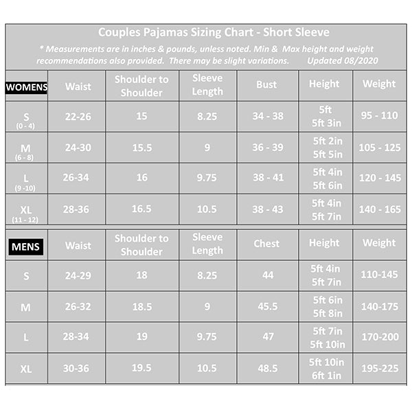  Size Guide for Couple Pajamas 