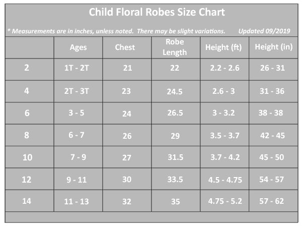  Size Guide for Girl Robes 