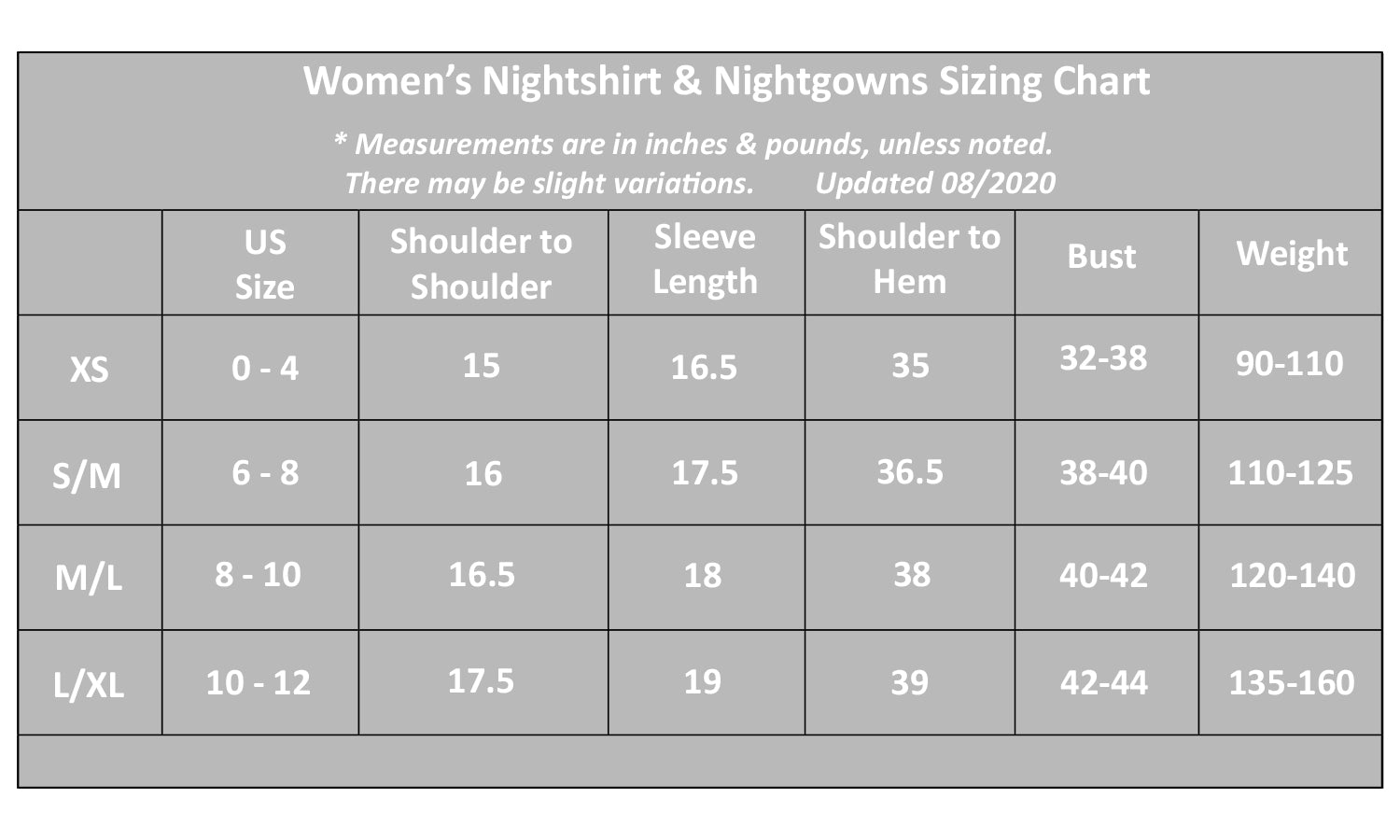 Size Guide for Womens Long Nightshirt