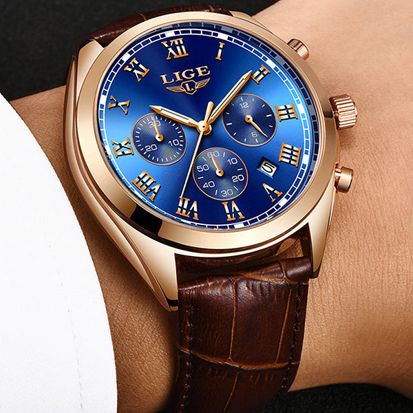 LIGE High End Luxury Mens Watch with Blue Face, 30M Waterproof Gifts