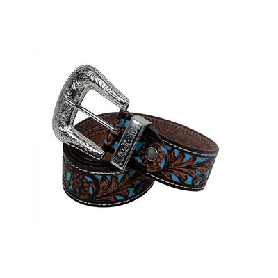 Myra Bag Checkered Brown Hand-Tooled Leather Belt S-4059, Medium